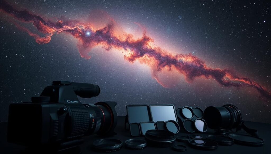 A breathtaking nebula stretches across the night sky, its ethereal wisps of color and light captured in stunning detail. The foreground features a professional-grade camera and telescope, their lenses and sensors meticulously positioned to harness the nebula's intricate structure. The middle ground showcases an array of specialized filters and accessories, each designed to enhance the capture of specific wavelengths and textures. In the background, a starry cosmos provides a majestic backdrop, the nebula's vibrant hues and intricate tendrils seeming to dance against the inky blackness. The scene conveys a sense of awe and technical mastery, inviting the viewer to explore the techniques behind photographing these celestial wonders.