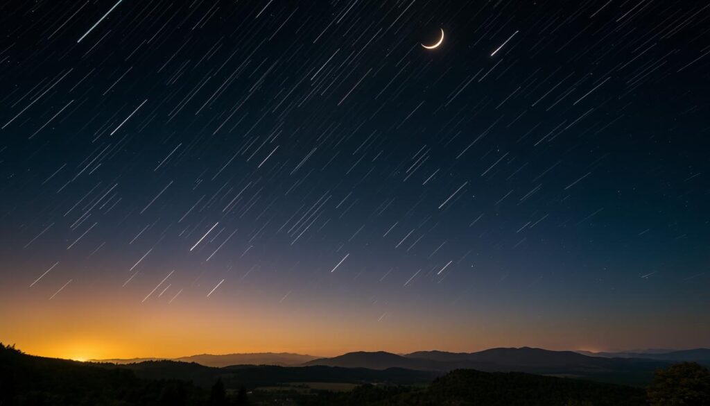 A breathtaking night sky ablaze with the celestial dance of the Perseid meteor shower. Streaks of luminous trails slice through the inky blackness, painting the heavens with ephemeral brushstrokes. In the foreground, a serene landscape of rolling hills and lush forests, bathed in the ethereal glow of a crescent moon. The atmosphere is charged with a sense of wonder and tranquility, inviting the viewer to lose themselves in the timeless spectacle unfolding above. Capture this cosmic symphony with a wide-angle lens, showcasing the grand scale of the event, while the warm, diffused lighting creates a sense of depth and atmosphere. This is a must-see celestial event that will leave a lasting impression on all who witness it. A breathtaking night sky ablaze with the celestial dance of the Perseid meteor shower. Streaks of luminous trails slice through the inky blackness, painting the heavens with ephemeral brushstrokes. In the foreground, a serene landscape of rolling hills and lush forests, bathed in the ethereal glow of a crescent moon. The atmosphere is charged with a sense of wonder and tranquility, inviting the viewer to lose themselves in the timeless spectacle unfolding above. Capture this cosmic symphony with a wide-angle lens, showcasing the grand scale of the event, while the warm, diffused lighting creates a sense of depth and atmosphere. This is a must-see celestial event that will leave a lasting impression on all who witness it.