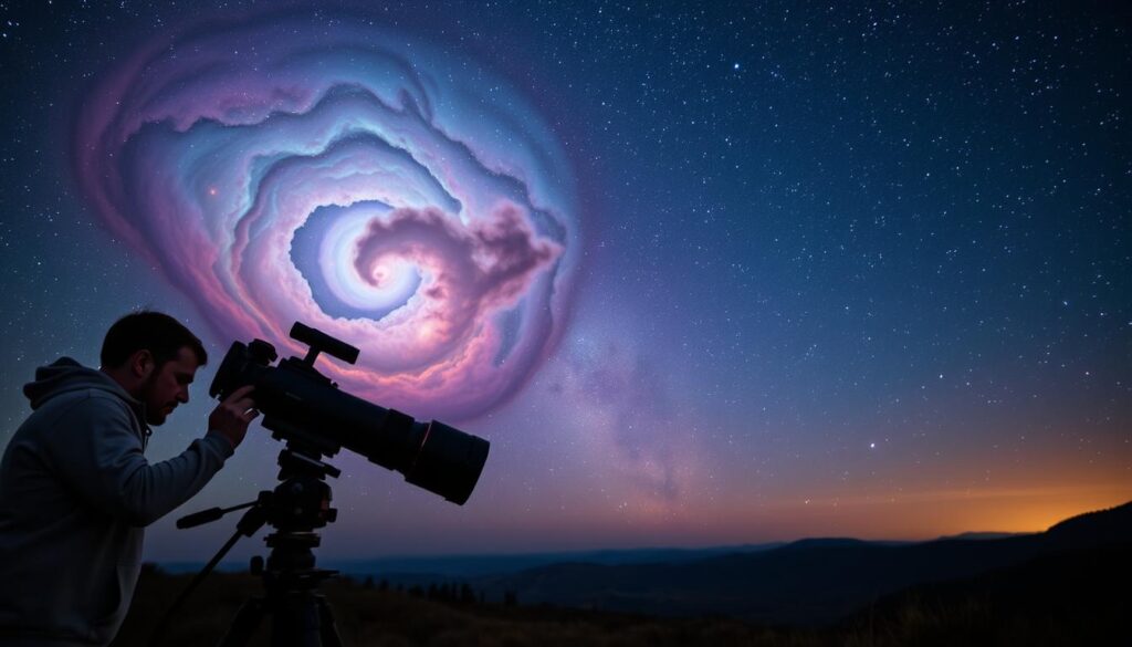 A breathtaking scene of astrophotography techniques for capturing the beauty of emission nebulae. In the foreground, a skilled photographer sets up their professional-grade camera and telescope, meticulously adjusting the settings to optimize light gathering and exposure. The middle ground features the swirling, colorful clouds of ionized gas that make up the nebula, its intricate structures and vibrant hues illuminated by the photographer's careful use of narrowband filters. In the distant background, a starry night sky provides a captivating backdrop, inviting the viewer to ponder the vastness of the cosmos. The overall mood is one of awe, wonder, and a deep appreciation for the technical mastery required to document these celestial wonders.