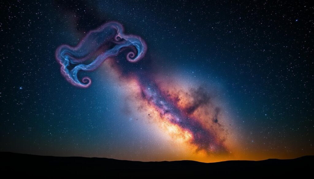 A captivating night sky filled with swirling, ethereal nebulae. In the foreground, a vast expanse of stars shimmers, their light dancing across a tranquil landscape. In the middle ground, vibrant tendrils of cosmic gas and dust twist and turn, bathed in a spectrum of hues - from deep indigos to fiery oranges. The background fades into a boundless void, punctuated by the glow of distant galaxies. The scene is captured with meticulous care, the exposure settings carefully calibrated to preserve the finest details - from the delicate wisps of nebulae to the crispness of the starlight. This image evokes a sense of wonder and awe, inviting the viewer to lose themselves in the majesty of the universe.