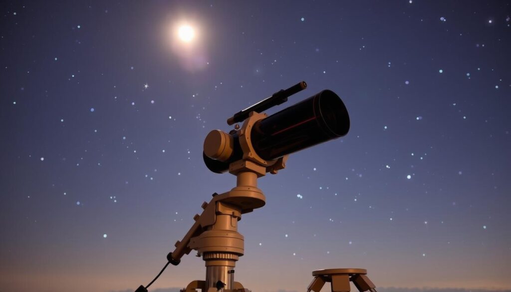 A captivating night sky, with a telescope mounted on a sturdy equatorial mount, carefully tracking the celestial objects. The telescope's lens glistens under the soft moonlight, its intricate mechanisms precisely aligning to follow the stars' gentle movements. In the background, the vast expanse of the cosmos unfolds, hinting at the awe-inspiring wonders that await the astrophotographer's lens. The scene exudes a sense of tranquility and focus, as the telescope's motors hum softly, guiding the camera's lens to capture the ephemeral moments of the night sky.