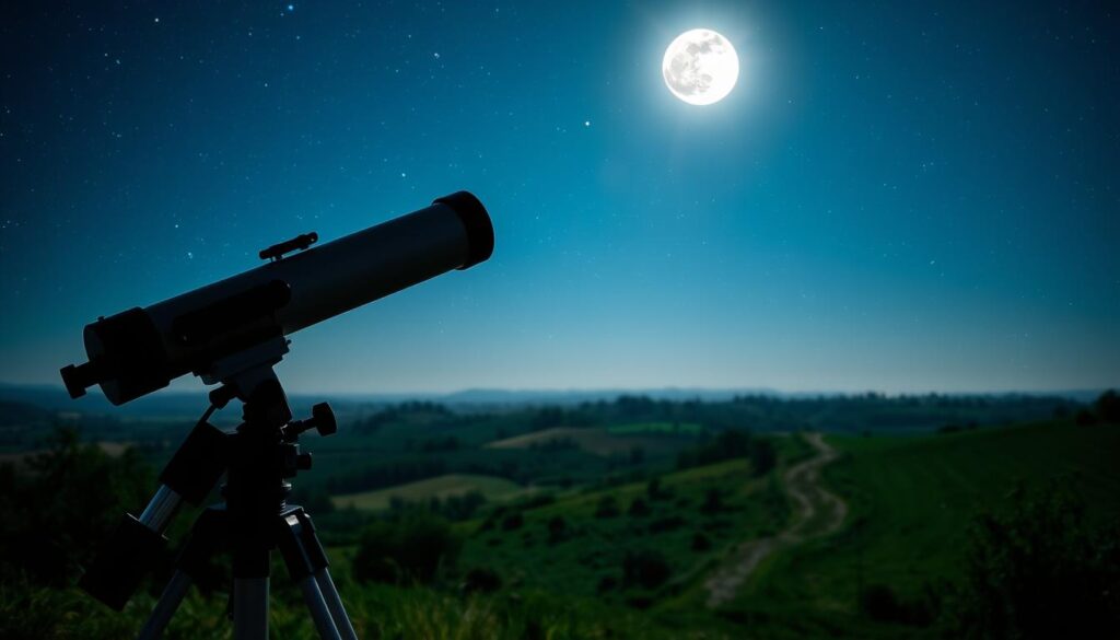 A clear night sky with a full moon, illuminating a serene landscape. In the foreground, a professional-grade astronomical telescope stands on a sturdy tripod, its lens pointed towards the heavens. The middle ground features a picturesque countryside setting, with rolling hills, lush greenery, and a winding path leading the viewer's eye towards the horizon. The background is dominated by a stunning array of stars, galaxies, and celestial bodies, captured in exquisite detail through the telescope's powerful optics. The overall atmosphere is one of tranquility, wonder, and the pursuit of scientific discovery.