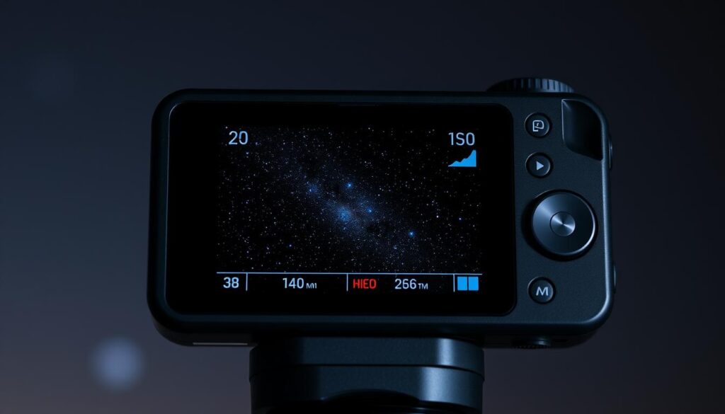 A compact, intuitive astronomy camera interface with a clean, minimalist design. The display shows a live view of the night sky, with vital information like exposure time, ISO, and aperture settings overlaid in a clear, easy-to-read format. Smooth camera controls, including focus adjustment, shutter speed, and image capture, are arranged ergonomically around the display, allowing the user to effortlessly navigate the interface with a tactile, hands-on experience. Soft backlighting provides optimal visibility in low-light conditions, while a robust, weatherproof housing ensures reliable operation in the field. The overall aesthetic conveys a sense of precision, functionality, and a deep connection to the wonders of the cosmos.