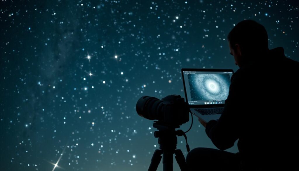 A detailed astrophotography scene depicting advanced noise reduction techniques. In the foreground, a starry night sky with celestial objects such as galaxies, nebulae, and star clusters. In the middle ground, a professional-grade DSLR camera set up on a sturdy tripod, with various camera settings and controls visible. In the background, a shadowy figure of an astrophotographer examining a laptop screen, analyzing the captured image and applying noise reduction algorithms. Soft, diffused lighting illuminates the scene, creating a serene and contemplative atmosphere. The overall composition emphasizes the technical aspects of astrophotography and the importance of careful post-processing for achieving high-quality, low-noise images. A detailed astrophotography scene depicting advanced noise reduction techniques. In the foreground, a starry night sky with celestial objects such as galaxies, nebulae, and star clusters. In the middle ground, a professional-grade DSLR camera set up on a sturdy tripod, with various camera settings and controls visible. In the background, a shadowy figure of an astrophotographer examining a laptop screen, analyzing the captured image and applying noise reduction algorithms. Soft, diffused lighting illuminates the scene, creating a serene and contemplative atmosphere. The overall composition emphasizes the technical aspects of astrophotography and the importance of careful post-processing for achieving high-quality, low-noise images.