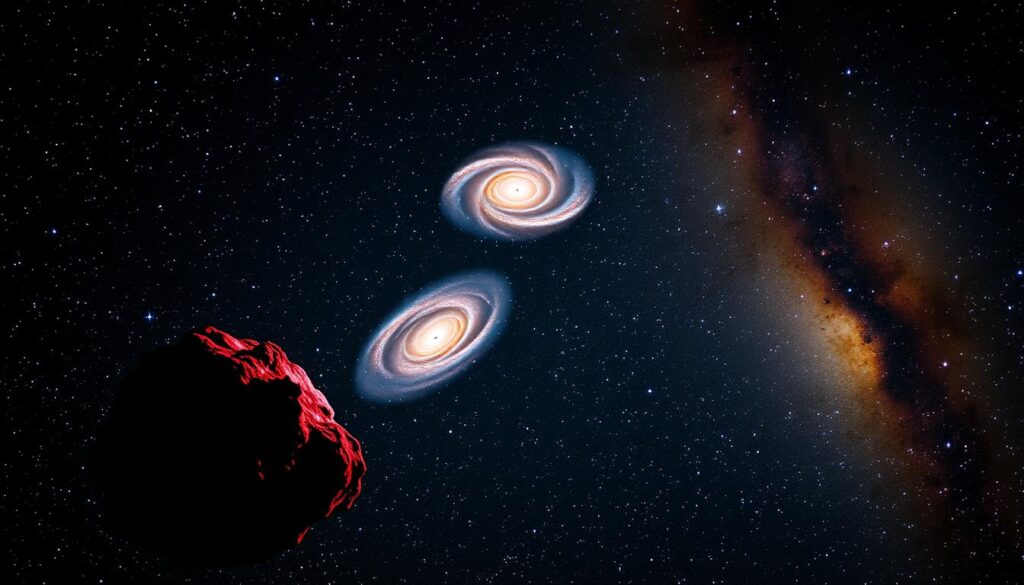 A detailed deep sky photography composition showcasing various techniques. In the foreground, a well-framed nebula with vibrant colors and intricate details. The middle ground features a cluster of galaxies with distinct spiral arms and hues. The background is filled with a stunning starscape, with a Milky Way-like backdrop illuminating the scene. Dramatic lighting creates a sense of depth, while a wide-angle lens captures the expansive cosmic landscape. The mood is one of awe and wonder, inviting the viewer to explore the captivating world of deep sky astrophotography.