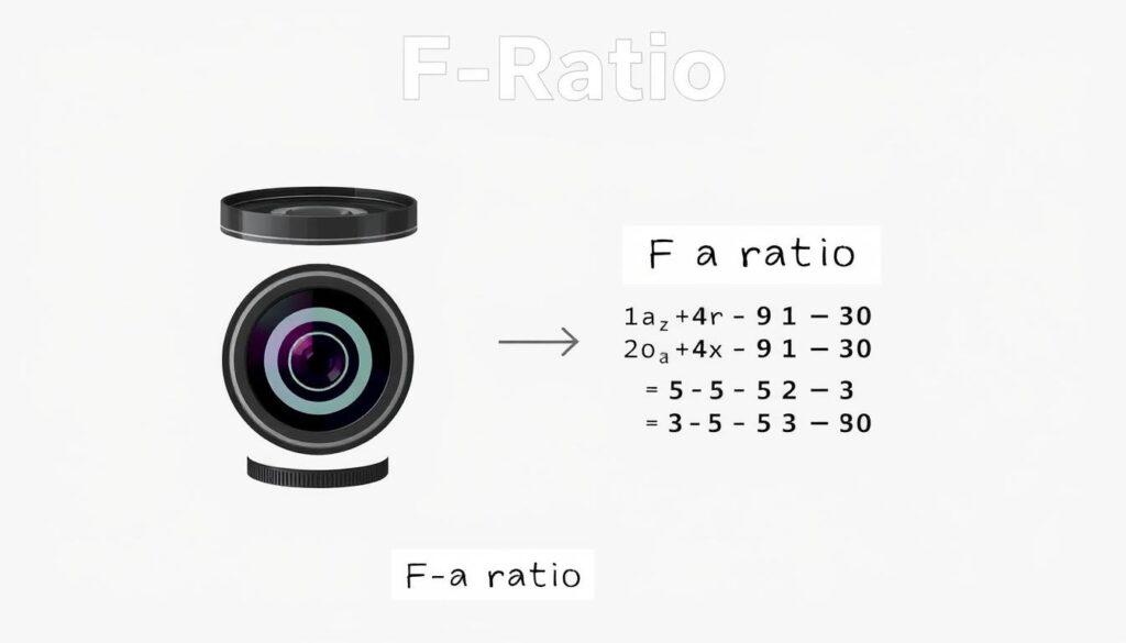 A detailed illustration of an f-ratio calculation for a camera lens. In the foreground, a lens diagram shows the focal length and aperture diameter. In the middle ground, a calculator displays the f-ratio formula and step-by-step workings. The background features a plain, neutral backdrop to keep the focus on the technical details. The lighting is clear and even, casting no distracting shadows. The overall mood is one of precision and educational clarity, suitable for explaining this fundamental photographic concept.