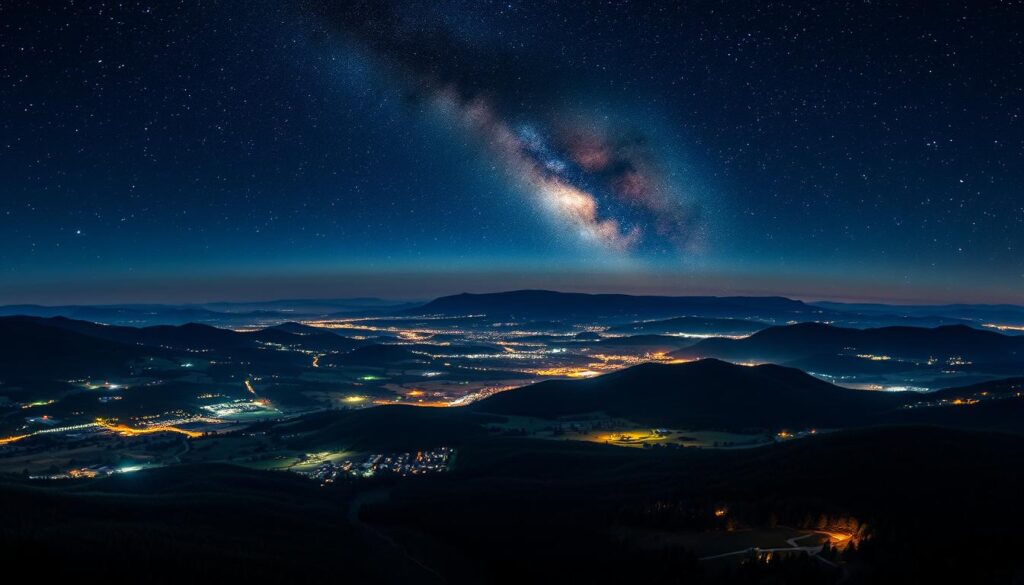 A detailed light pollution map showcasing the distribution of artificial illumination across a vast geographic region. The foreground features a nighttime landscape with rolling hills, forests, and scattered settlements, illuminated by a patchwork of glowing lights. The middle ground displays a comprehensive cartographic representation, with different color gradients denoting the intensity of light pollution. In the background, a starry sky with a prominent Milky Way galaxy serves as a contrast, highlighting the stark difference between natural and artificial lighting. The image conveys a sense of environmental awareness, inviting the viewer to consider the impact of light pollution on astronomy, wildlife, and human well-being.