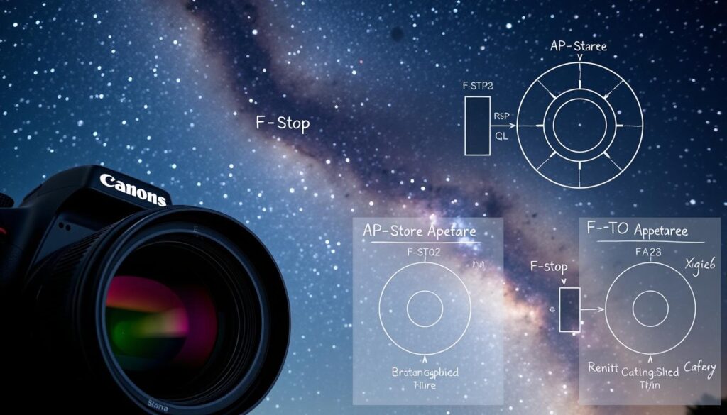 A detailed technical diagram showcasing the role of aperture settings in astrophotography. In the foreground, a DSLR camera with a large, high-quality lens is prominently displayed, its aperture blades clearly visible. The middle ground features a starry night sky with the Milky Way galaxy visible, highlighting the importance of aperture in capturing low-light celestial objects. In the background, a series of labeled aperture diagrams demonstrate the relationship between f-stop values, light exposure, and depth of field. The overall mood is one of scientific precision and educational clarity, guiding the viewer through the key aperture considerations for stunning astrophotography.