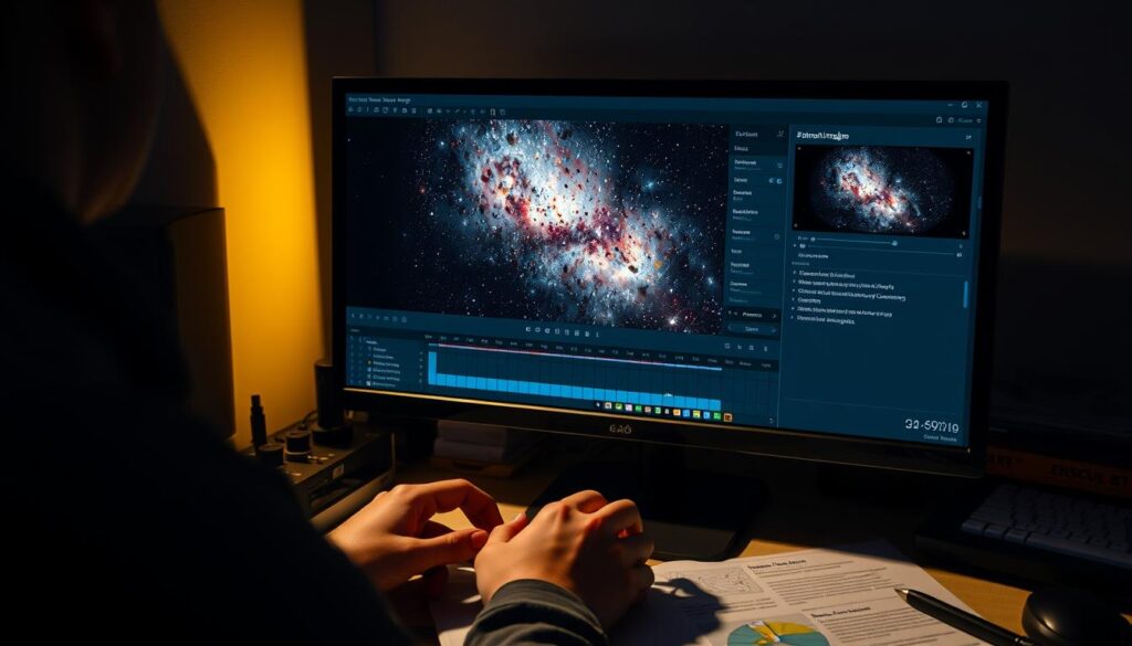 A dimly lit astro imaging workstation, with a high-resolution computer monitor displaying a nebula image. The user's hands carefully manipulate sliders and adjustment tools, fine-tuning the image's brightness, contrast, and color balance without clipping the highlights. The workspace is organized, with reference materials and calibration tools nearby. Soft, directional lighting illuminates the scene, casting subtle shadows that convey the thoughtful, deliberate nature of the non-destructive editing process. The overall atmosphere is one of focus, precision, and a reverence for the delicate beauty of the celestial subject.