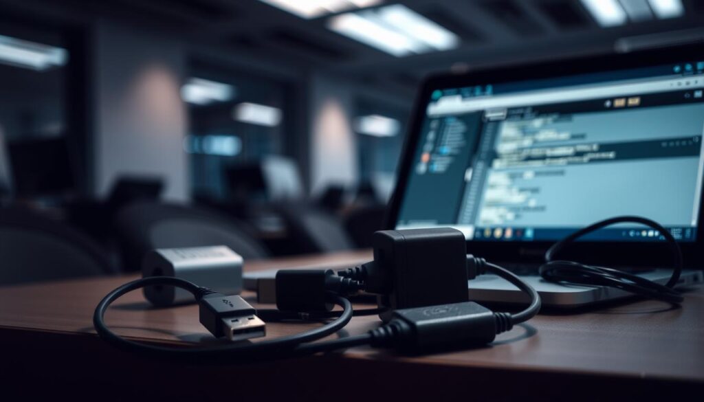 A dimly lit computer workstation with an open laptop, various USB cables, and a power adapter on the desk. The background is a blurred office environment, with subtle shadows and highlights that create a sense of depth and atmosphere. The focus is on the USB and power-related troubleshooting tools, conveying a mood of problem-solving and technical exploration.