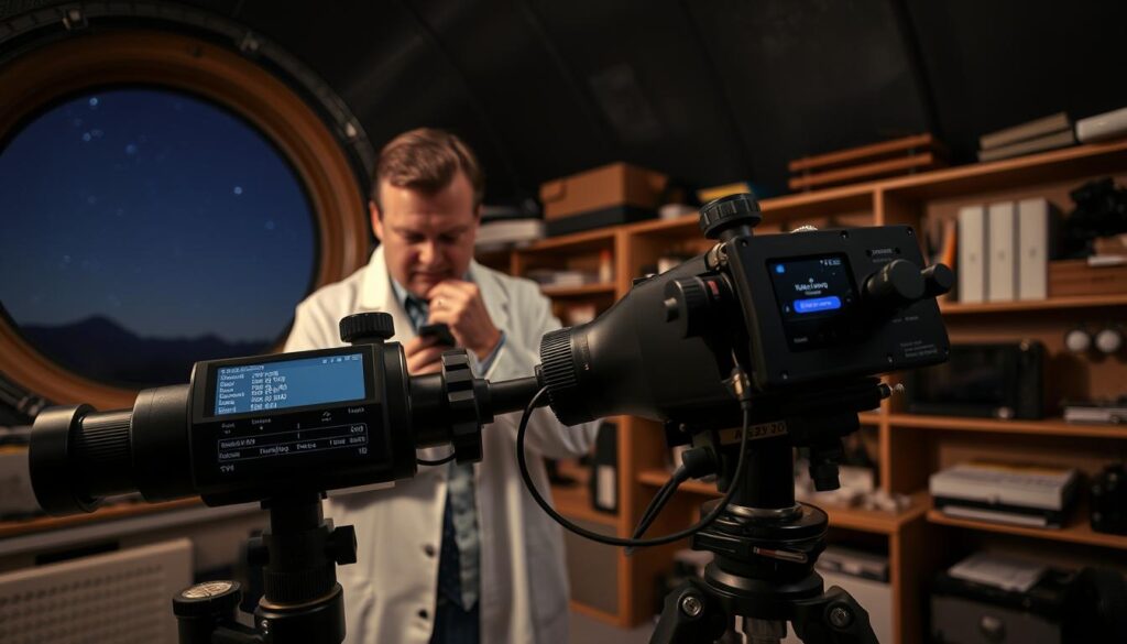 A dimly lit observatory, the night sky visible through a large window. In the foreground, a professional-grade astronomical telescope with various attachments, including an autoguider mounted on a sturdy tripod. The autoguider's display shows diagnostic information, with various menus and settings highlighted. In the middle ground, a technician in a lab coat examines the setup, brow furrowed in concentration, adjusting knobs and cables. The background is filled with shelves of equipment, reference materials, and tools, conveying a sense of technical expertise and problem-solving. Soft, warm lighting illuminates the scene, creating a contemplative, focused atmosphere as the technician troubleshoots the autoguider.