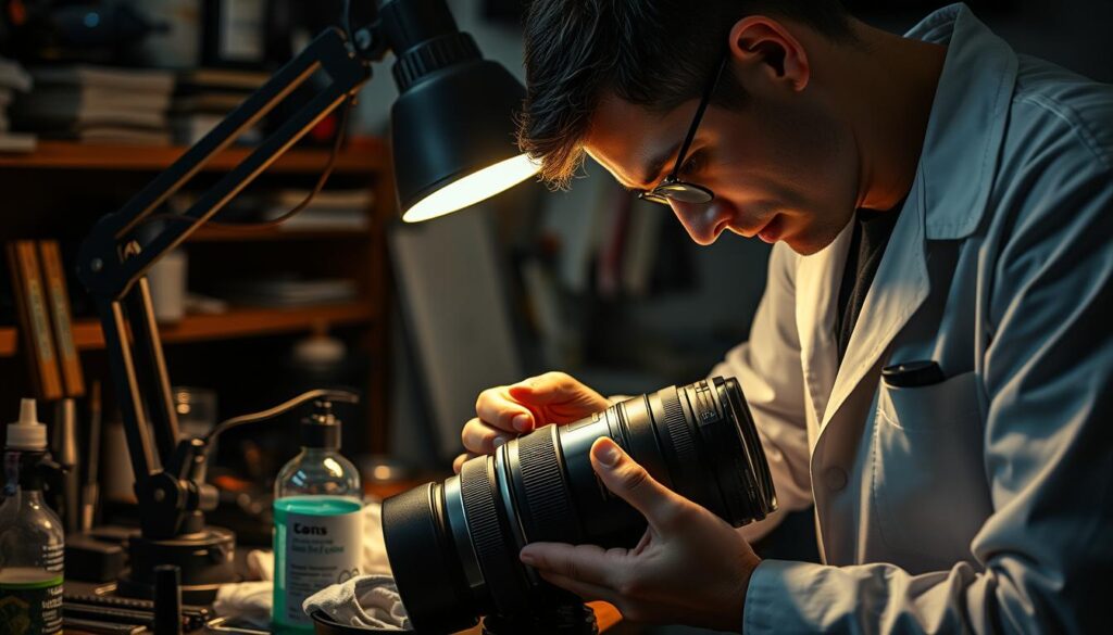 A dimly lit workshop, tools and equipment neatly arranged on workbenches. A technician in a lab coat carefully inspects the inner workings of a camera lens under the warm glow of a desk lamp. Bottles of lens cleaning fluid and microfiber cloths are within reach, hinting at the meticulous care required to maintain high-precision optics. The scene conveys a sense of focus and attention to detail, with the technician's hands delicately manipulating the lens components. The background is slightly out of focus, emphasizing the centrality of the maintenance task at hand.