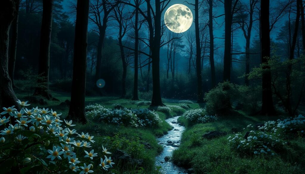 A lush forest glade bathed in the ethereal glow of a full moon. In the foreground, delicate moonflowers bloom, their petals unfurling in response to the lunar cycle. Meandering through the middle ground, a small stream reflects the celestial orb's shimmering light. Towering trees sway gently, their branches casting intricately patterned shadows across the forest floor. Fireflies dance in the cool night air, their bioluminescent signals in sync with the moon's phases. The atmosphere is serene, mystical, and infused with a sense of nature's harmonious connection to the lunar rhythm. A lush forest glade bathed in the ethereal glow of a full moon. In the foreground, delicate moonflowers bloom, their petals unfurling in response to the lunar cycle. Meandering through the middle ground, a small stream reflects the celestial orb's shimmering light. Towering trees sway gently, their branches casting intricately patterned shadows across the forest floor. Fireflies dance in the cool night air, their bioluminescent signals in sync with the moon's phases. The atmosphere is serene, mystical, and infused with a sense of nature's harmonious connection to the lunar rhythm.