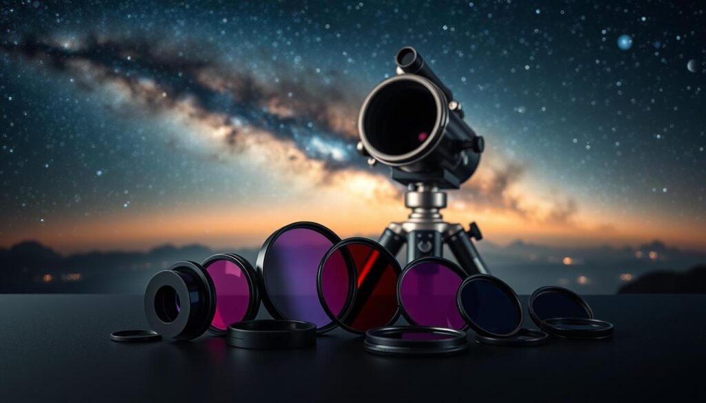 A meticulously crafted image of an "astrophotography filter guide" set against a backdrop of a starry night sky. In the foreground, various types of optical filters are displayed on a sleek, black surface, their intricate designs and materials meticulously rendered. The middle ground showcases a telescope, its polished metal body and carefully calibrated components reflecting the celestial glow. In the background, a breathtaking panorama of the cosmos unfolds, with swirling galaxies, shimmering nebulae, and the enigmatic dance of celestial bodies, all captured in a cinematic, low-key lighting. The overall composition conveys a sense of scientific precision, artistic elegance, and the wonder of the universe, perfectly suited to illustrate the "Choosing the Right Filter for Your Telescope" section of the article.