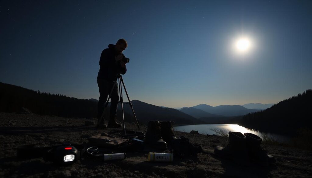 A moonlit landscape with a person carefully setting up a tripod and camera, their silhouette illuminated by the soft glow of the moon. In the foreground, various photography safety equipment is neatly arranged, including a headlamp, spare batteries, and a sturdy pair of hiking boots. The middle ground features a clear, starry sky, with the moon's reflection shimmering on a nearby lake or pond. The background showcases a serene, natural setting, such as a forest or mountain range, creating a sense of tranquility and isolation. The overall mood is one of focus, attention to detail, and a deep appreciation for the beauty of nighttime photography.