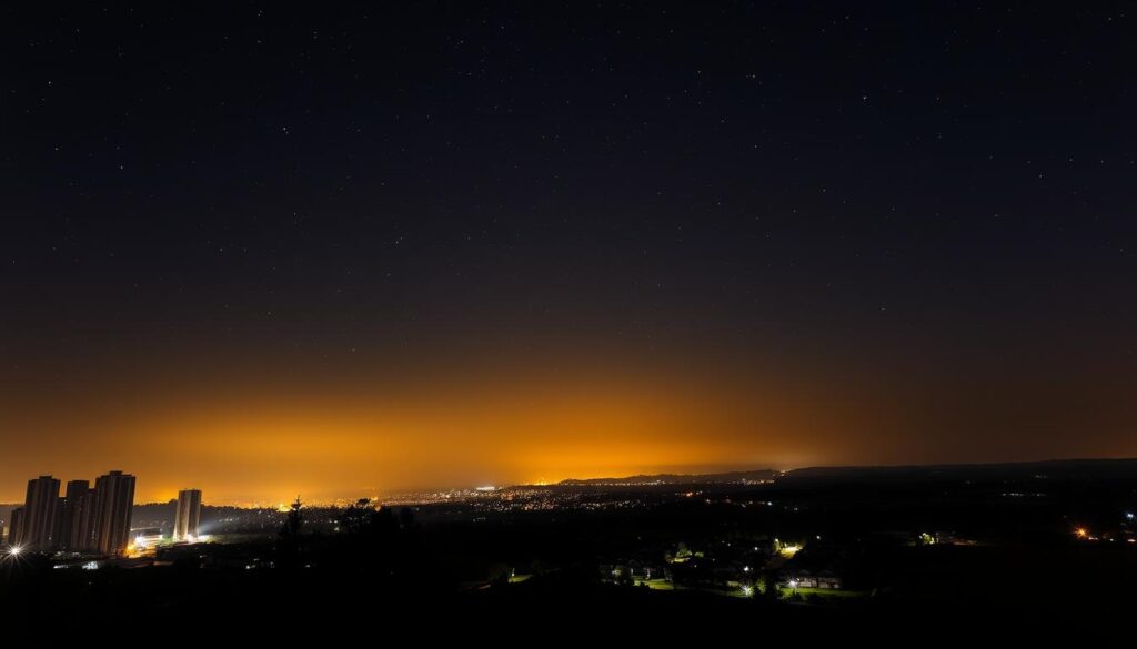 A night sky filled with twinkling stars, obscured by a hazy, orange glow from the horizon. In the foreground, a silhouetted cityscape with towering skyscrapers and streetlights casting a harsh, artificial light that pollutes the natural darkness. The midground features a suburban neighborhood, with homes and businesses emitting a scattered, uncontrolled illumination, creating a patchwork of brightness against the night. The background showcases a picturesque rural landscape, where the starry sky is clearly visible, untainted by the intrusive glow of human development. This scene highlights the stark contrast between the serene, unpolluted night and the encroaching presence of light pollution, serving as a powerful visual metaphor for the importance of recognizing and addressing this environmental issue.