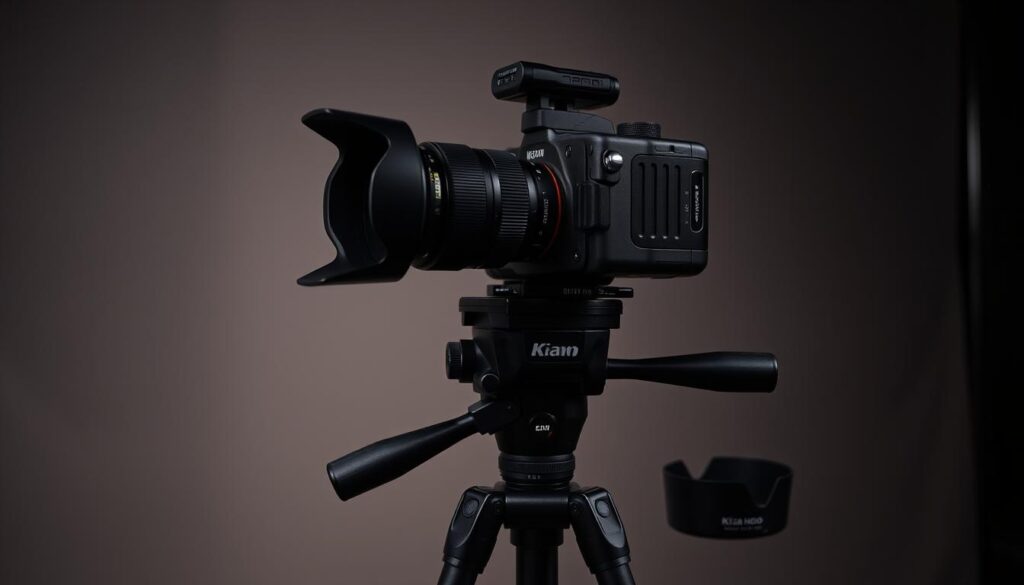 A professional camera setup on a sturdy tripod, with a high-end DSLR camera and a wide-angle lens mounted. The scene is set in a dimly lit studio, with soft, diffused lighting illuminating the equipment. The camera is positioned at a slightly low angle, capturing the various components in a cohesive, visually appealing composition. The foreground features the camera itself, with its sleek, modern design and intricate controls. The middle ground showcases various accessories, such as a remote shutter release, a lens hood, and a spare battery. The background subtly hints at the studio environment, with a subtle, textured backdrop that complements the overall mood and atmosphere.