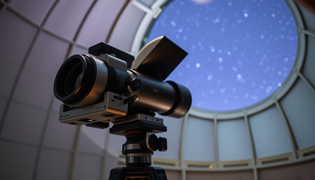 A professional-grade cooled astronomy camera rests on a sturdy tripod, its sleek, metallic body gleaming under the soft, diffused lighting of a dimly lit observatory. The camera's lens, a high-precision, multi-element design, is carefully aligned to capture the faint celestial objects in the night sky. The camera's cooling system, a crucial component, quietly hums, maintaining the sensor's temperature to minimize noise and maximize the signal-to-noise ratio. In the background, the observatory's dome opens, revealing a star-filled sky, hinting at the breathtaking images the camera is about to capture, preserving the mysteries of the cosmos for further study and wonder.