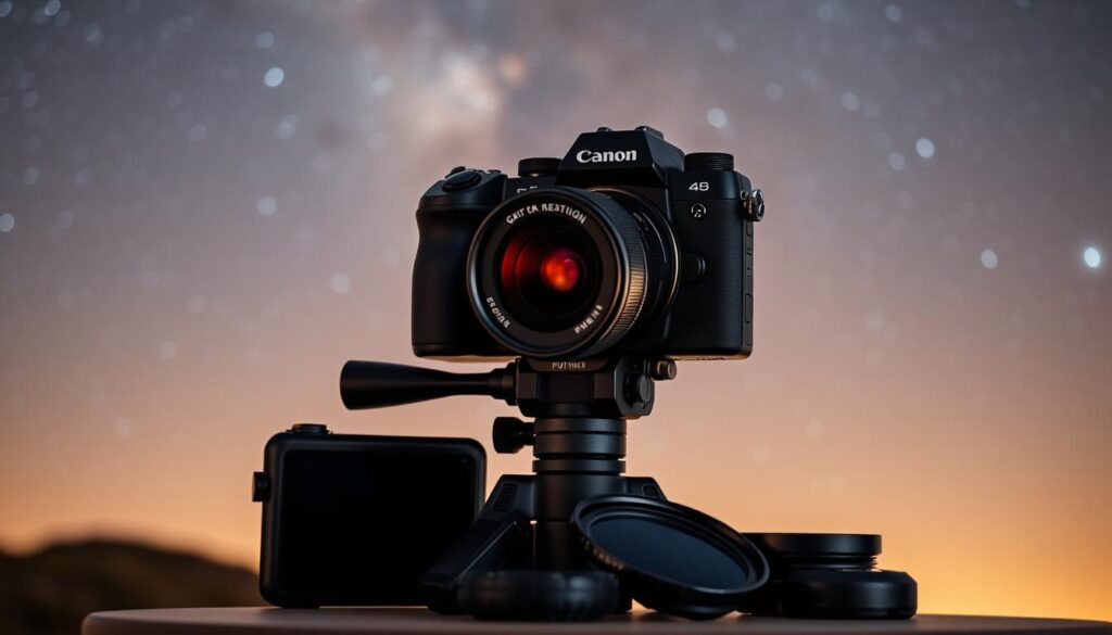 A professional-grade mirrorless camera setup for astrophotography, featuring a sleek black body with a high-resolution sensor, mounted on a sturdy tripod against a backdrop of a starry night sky. The camera is equipped with a wide-aperture prime lens, optimized for low-light conditions, its lens barrel reflecting the ambient light. In the foreground, various camera accessories like a remote shutter release and filters are neatly arranged, conveying the technical precision required for deep-sky astrophotography. The overall scene exudes a sense of exploration and scientific inquiry, with the camera poised to capture the wonders of the cosmos.