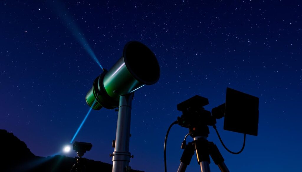 A professional observatory at night, the sky ablaze with twinkling stars. In the foreground, a large reflecting telescope stands tall, its polished mirror capturing the faint light from distant galaxies. Surrounding the telescope, various astrophotography equipment - a camera on a sturdy tripod, an autoguider, and a computer interface. Beams of light emanate from the instruments, illuminating the scene with a soft, ambient glow. The background is shrouded in a veil of deep blues and purples, hinting at the vastness of the cosmos beyond. An atmosphere of scientific exploration and the pursuit of breathtaking astrophotography pervades the scene.