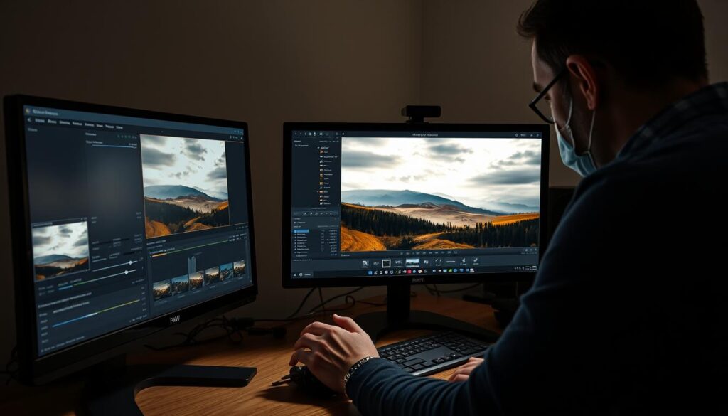 A professional photographer's workstation, with a high-resolution RAW image displayed on a color-calibrated monitor. The image shows a serene landscape, with rolling hills, a distant forest, and a dramatic sky. The photographer is leaning in, adjusting sliders and brushes in a photo editing software, meticulously refining the image's dynamic range, color balance, and details. Soft, directional lighting illuminates the scene, creating a sense of depth and atmosphere. The overall mood is one of concentration and creative problem-solving, reflecting the care and attention required for working with RAW files to achieve the desired artistic vision.