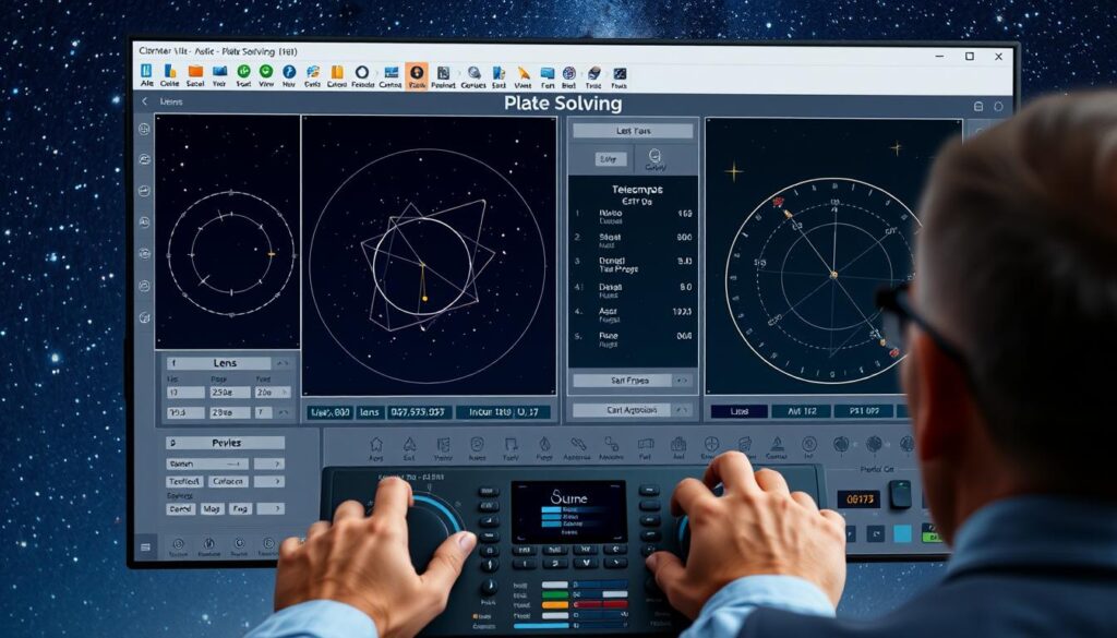 A professional software interface showcasing powerful plate solving tools. A sleek, modern desktop application with intuitive controls and detailed star charts filling the screen. Lens and telescope parameters displayed prominently, with settings for precision celestial targeting. In the foreground, an astronomer manipulates the controls, while the background depicts a starry night sky, hinting at the software's purpose in aligning telescopes and cameras with celestial objects. Crisp, high-resolution graphics create a visually appealing and technically accurate representation of advanced plate solving software.