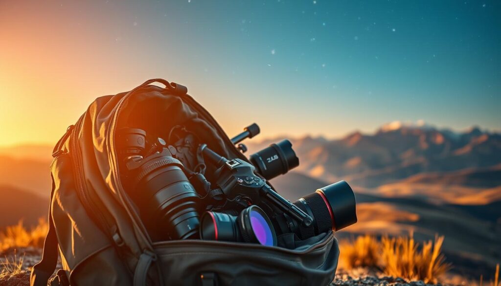 A rugged backpack lies open, revealing an array of astrophotography equipment - a high-resolution DSLR camera, a sturdy tripod, multiple lenses, and filters. The gear is meticulously arranged, ready for a night of stargazing and capturing the cosmos. In the background, a sweeping landscape of rolling hills or majestic mountains sets the stage, hinting at the adventurous journey ahead. Warm, directional lighting casts a soft, golden glow, creating a sense of exploration and discovery. The overall atmosphere evokes a harmonious blend of travel, photography, and the boundless wonder of the night sky.