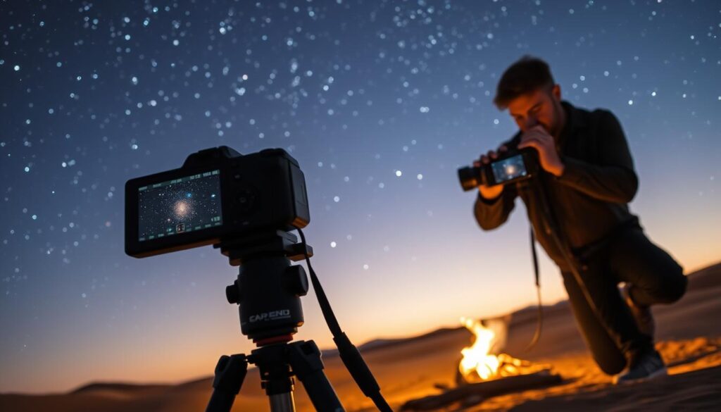 A serene desert landscape at dusk, with a starry night sky as the backdrop. In the foreground, a professional-grade camera on a sturdy tripod, its lens trained upwards, capturing the ethereal glow of distant galaxies. The camera's screen displays a raw astrophotography image, showcasing the intricate details and vibrant colors of the night sky. In the middle ground, a skilled photographer meticulously adjusts the camera's settings, fine-tuning the exposure, contrast, and color balance to bring out the true essence of the celestial scene. The warm, ambient light from a nearby campfire casts a soft, atmospheric glow, adding depth and dimension to the overall composition. The resulting image conveys the tranquility and wonder of the desert astrophotography experience.