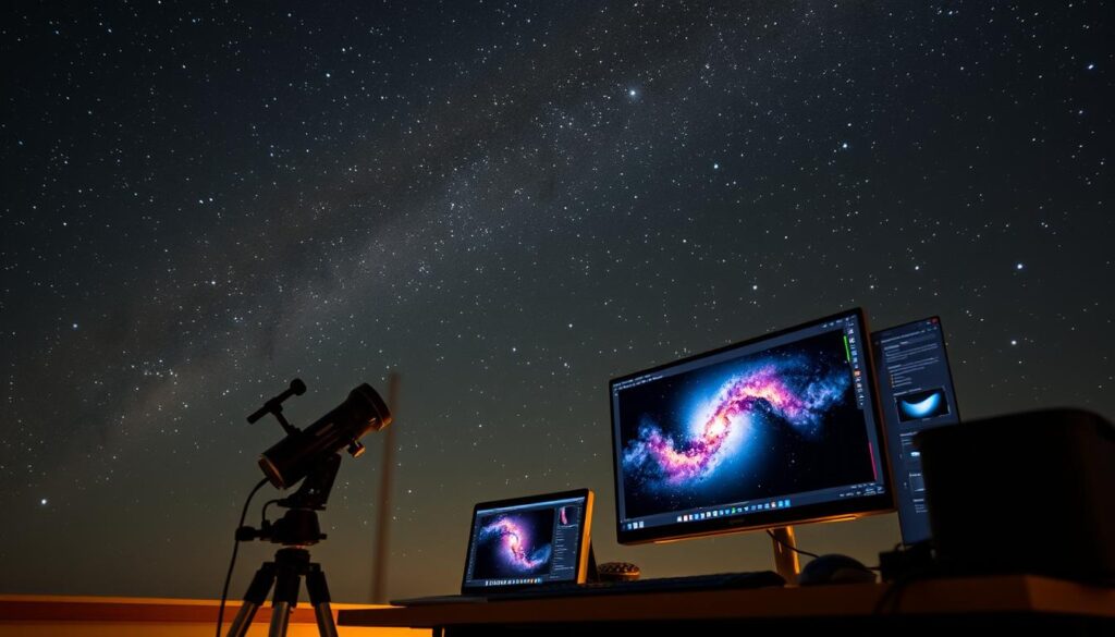 A serene night sky filled with twinkling stars, captured in stunning detail through the lens of an advanced astrophotography setup. In the foreground, a high-resolution image of a nebula or galaxy is displayed on a computer monitor, its vibrant colors and intricate structures meticulously enhanced through post-processing techniques. Soft, warm lighting illuminates the workspace, where an array of specialized editing software and hardware tools are neatly arranged, ready to refine and elevate the captured celestial imagery. The atmosphere conveys a sense of dedication, precision, and a deep appreciation for the beauty of the cosmos. A serene night sky filled with twinkling stars, captured in stunning detail through the lens of an advanced astrophotography setup. In the foreground, a high-resolution image of a nebula or galaxy is displayed on a computer monitor, its vibrant colors and intricate structures meticulously enhanced through post-processing techniques. Soft, warm lighting illuminates the workspace, where an array of specialized editing software and hardware tools are neatly arranged, ready to refine and elevate the captured celestial imagery. The atmosphere conveys a sense of dedication, precision, and a deep appreciation for the beauty of the cosmos.