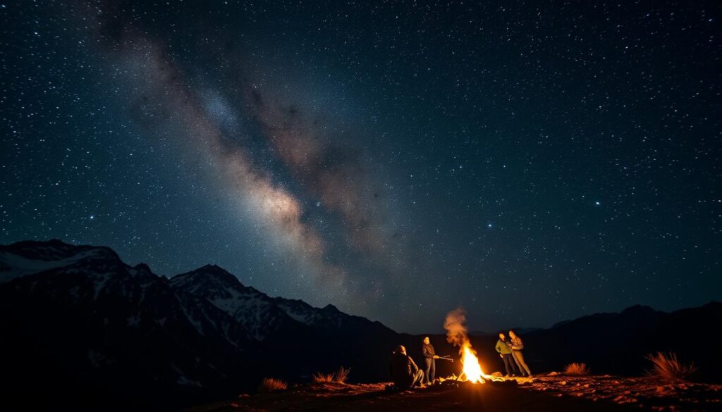 A serene night sky glitters with countless stars, the Milky Way arching gracefully overhead. In the foreground, a picturesque mountain landscape comes into view, snow-capped peaks silhouetted against the inky blackness. A campfire casts a warm, flickering glow, illuminating the tranquil scene. In the middle ground, a group of travelers gaze upwards, awestruck by the celestial display. Telephoto lenses capture the majesty of the heavens, while wide-angle shots showcase the stunning natural setting. The atmosphere is one of wonder and adventure, inviting the viewer to embark on their own stargazing odyssey.