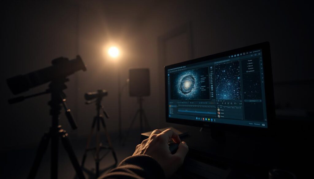 A spacious, dimly lit studio with professional camera equipment and a computer monitor displaying an astrophoto editing interface. The monitor shows a deep-space image with numerous stars, and various editing tools and adjustments are visible on the screen. In the foreground, a pair of skilled hands operate the computer mouse, meticulously adjusting the image. Soft, directional lighting from the side creates dramatic shadows, emphasizing the detailed work. The overall atmosphere is one of focus, concentration, and the art of astrophotography post-processing.