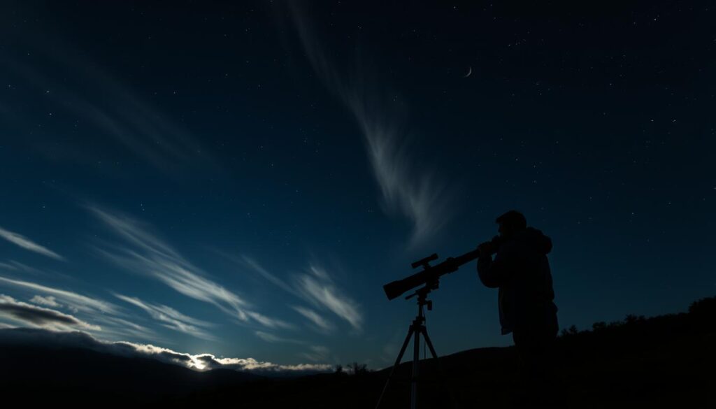 A starry night sky, with wispy clouds partially obscuring the deep, inky blackness. In the foreground, a rugged, windswept landscape with rolling hills and silhouetted trees. The faint glow of a crescent moon illuminates the scene, casting long shadows and adding a sense of mystery. In the middle ground, a professional-grade telescope stands tall, its lens carefully trained on a distant nebula. The photographer, clad in a warm jacket, peers intently through the eyepiece, capturing the ethereal dance of light and shadow that defines deep sky imaging. The atmosphere is one of focused concentration, as the photographer seeks to unlock the secrets of the cosmos on this moonless night.