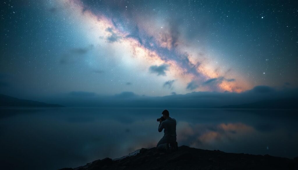 A stunning nightscape of a reflection nebula, its ethereal gaseous clouds mirrored in a still lake below. The celestial display is bathed in a soft, cool light, creating an atmosphere of tranquility and wonder. In the foreground, a photographer kneels by the water's edge, camera poised to capture the breathtaking scene. The composition showcases the interplay of the nebula's vibrant colors and the tranquil reflection, guiding the viewer's eye through the image. Careful lens choice and a long exposure time have rendered the scene with exceptional clarity and detail, highlighting the intricate structures of the nebula.