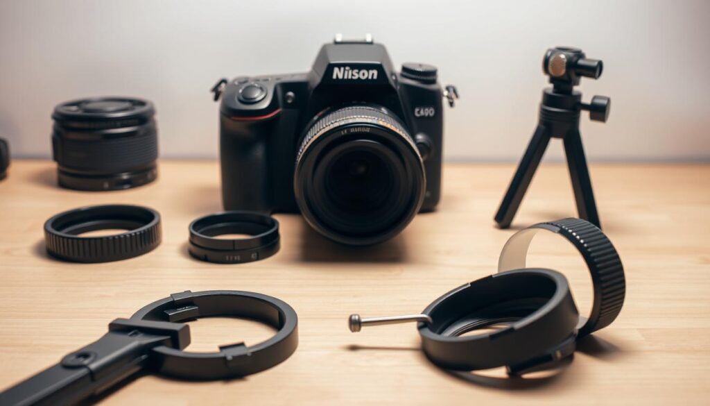 A well-lit camera equipment workbench with various lens components, including a DSLR camera, a set of backfocus adjustment spacers, and a focusing tool. The components are arranged in an organized, technical manner, highlighting the process of adjusting backfocus. Soft shadows and a neutral background create a clean, professional atmosphere, emphasizing the precision and attention to detail required for this task. The image conveys a sense of understanding and mastery of the backfocus adjustment techniques. A well-lit camera equipment workbench with various lens components, including a DSLR camera, a set of backfocus adjustment spacers, and a focusing tool. The components are arranged in an organized, technical manner, highlighting the process of adjusting backfocus. Soft shadows and a neutral background create a clean, professional atmosphere, emphasizing the precision and attention to detail required for this task. The image conveys a sense of understanding and mastery of the backfocus adjustment techniques.