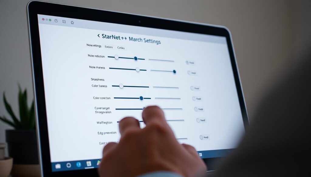 A well-lit, close-up view of a laptop screen displaying the settings interface for the StarNet++ image enhancement software. The interface features a series of sliders, checkboxes, and dropdown menus, allowing the user to fine-tune parameters like noise reduction, sharpness, color correction, and edge preservation. The screen is positioned at a slight angle, with the user's hands visible, adjusting the controls. The background is blurred, creating a sense of focus on the task at hand. The overall mood is one of engaged, thoughtful optimization, with a clean, minimalist aesthetic.