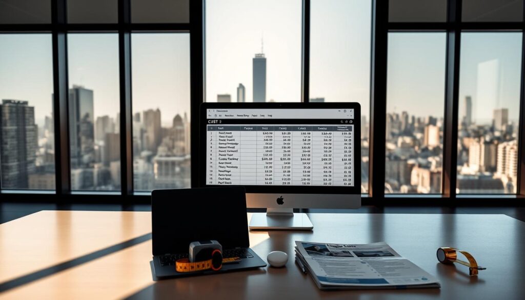 A well-lit, modern office space with a large window overlooking a cityscape. In the foreground, a desk with a computer displays a spreadsheet showing various cost calculations and options for different types of imaging windows. On the desk, a laptop, a tape measure, and a brochure showcasing window specifications and pricing. The middle ground features a floor-to-ceiling window, through which the urban landscape can be seen, providing a sense of scale and context. Soft, directional lighting from the window casts shadows and highlights the details on the desk. The overall atmosphere conveys a professional, analytical, and informative mood, suitable for a section on cost considerations for imaging windows.