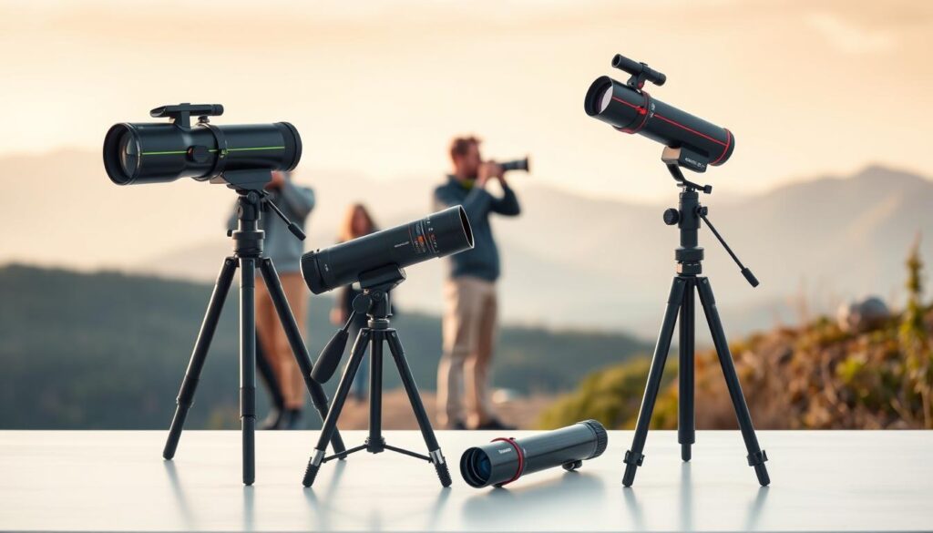 A well-lit outdoor scene showcasing an assortment of portable travel telescopes in the foreground. The telescopes have sleek, compact designs with high-quality lenses and sturdy tripods. In the middle ground, a pair of photographers capture landscape shots with traditional DSLR cameras, highlighting the size and portability advantages of the telescopes. The background features a picturesque mountain vista, with soft, warm lighting and a sense of peaceful tranquility. The overall mood conveys the versatility and convenience of the travel telescopes for nature and landscape photography.
