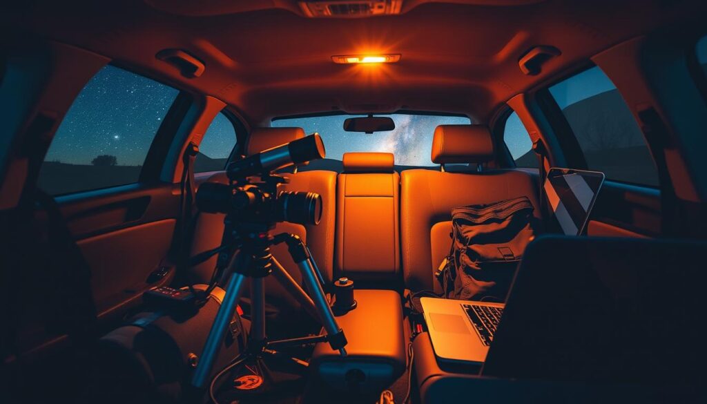 A well-organized car interior with specialized astrophotography equipment neatly arranged on the seats and dashboard. A high-end DSLR camera with a telephoto lens, a sturdy tripod, and an astronomy-focused laptop are visible. Warm, diffused lighting from the car's interior illuminates the scene, creating a cozy and focused atmosphere. The car's side windows provide a glimpse of a starry night sky, hinting at the photographic journey to come. The overall composition conveys a sense of anticipation and readiness for a successful astrophotography session.