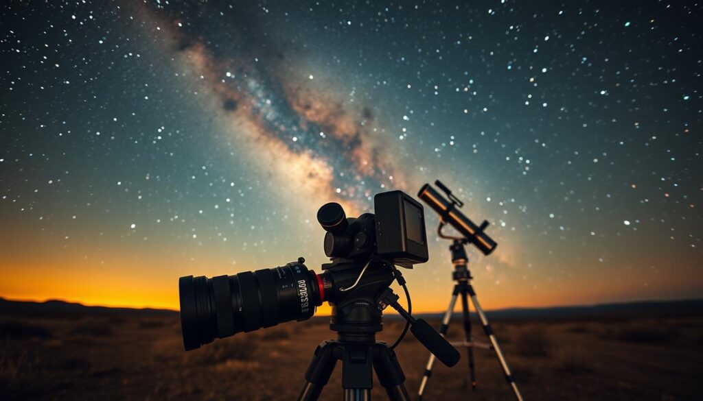 A wide-angle view of a professional-grade astrophotography setup, situated in a remote, dark-sky location. In the foreground, a sturdy tripod supports a DSLR camera, its lens trained upwards towards the night sky. Carefully positioned filters and accessories adorn the camera body, ready to capture the faint details of deep-sky objects. In the middle ground, a high-quality telescope with an equatorial mount stands tall, its reflective surface glistening under the starlight. In the background, a sweeping panorama of the Milky Way galaxy unfolds, its ethereal bands of light and swirling nebulae creating a captivating celestial backdrop. The scene is bathed in a warm, ambient glow, reflecting the dedication and technical expertise required for masterful widefield deep-sky imaging. A wide-angle view of a professional-grade astrophotography setup, situated in a remote, dark-sky location. In the foreground, a sturdy tripod supports a DSLR camera, its lens trained upwards towards the night sky. Carefully positioned filters and accessories adorn the camera body, ready to capture the faint details of deep-sky objects. In the middle ground, a high-quality telescope with an equatorial mount stands tall, its reflective surface glistening under the starlight. In the background, a sweeping panorama of the Milky Way galaxy unfolds, its ethereal bands of light and swirling nebulae creating a captivating celestial backdrop. The scene is bathed in a warm, ambient glow, reflecting the dedication and technical expertise required for masterful widefield deep-sky imaging.