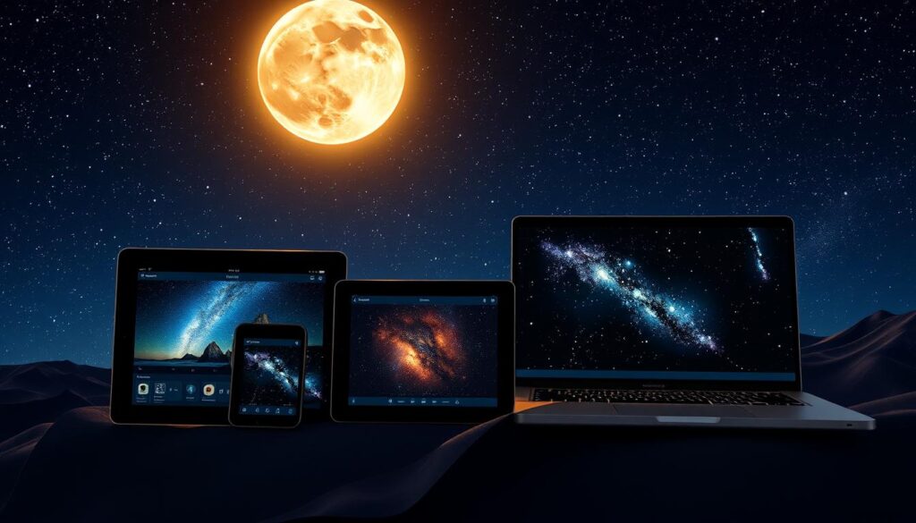 Astrophotography planning apps displayed on a starry night sky, with a glowing full moon overhead. The apps are presented on various devices, including a smartphone, tablet, and laptop, arranged in a visually appealing composition. The devices are backlit, casting a soft, ethereal glow, and are surrounded by detailed, high-resolution astronomy-themed illustrations, such as planetary formations, constellations, and celestial phenomena. The overall scene conveys a sense of wonder, exploration, and the endless possibilities of planning and capturing the beauty of the night sky.
