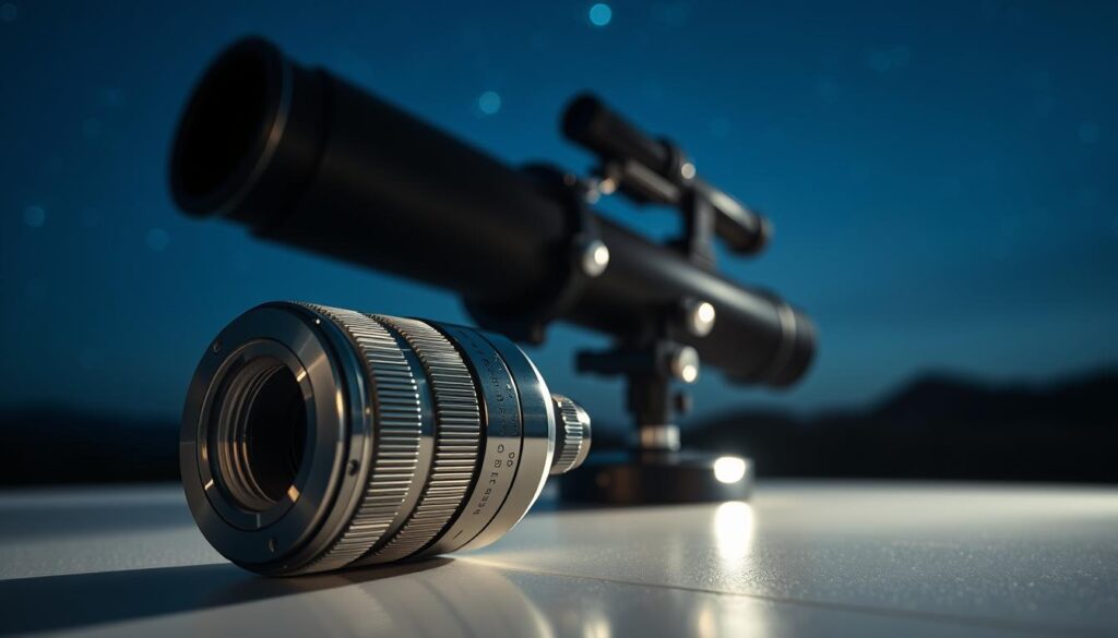 Telescope adapter for astrophotography: a sturdy, precision-crafted metal device with a DSLR camera mount on one end and a threaded connection to securely attach to the eyepiece port of a telescope. Gleaming chrome finish, with delicate engraved markings indicating alignment guides and adjustment controls. Positioned in the foreground, casting a soft, uniform glow from subtle backlighting. The telescope itself is visible in the middle ground, a majestic, imposing silhouette against a starry, midnight-blue sky. The scene is illuminated by the cool, ethereal light of the cosmos, evoking a sense of wonder and the boundless potential of astrophotography.