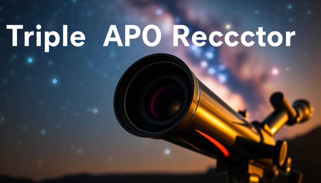 Triplet APO Refractor Benefits: A stunning image showcasing the advantages of this advanced telescope design. In the foreground, a precisely crafted triplet lens assembly refracts light with exceptional clarity and minimal chromatic aberration. The mid-ground features a sleek, modern telescope housing with a large aperture, allowing for increased light-gathering capacity and stunning astronomical observations. The background depicts a captivating night sky, with vibrant stars and galaxies, highlighting the remarkable imaging capabilities of the triplet APO refractor. Soft, warm lighting illuminates the scene, creating a sense of depth and atmosphere. The overall composition conveys the power, precision, and performance of this remarkable telescope technology.